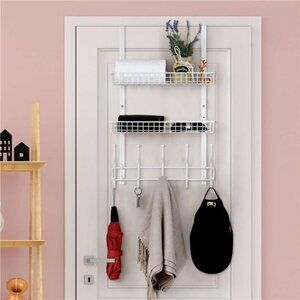 Over The Door Hanging Organizer Rack with Baskets Hooks Metal Storage White